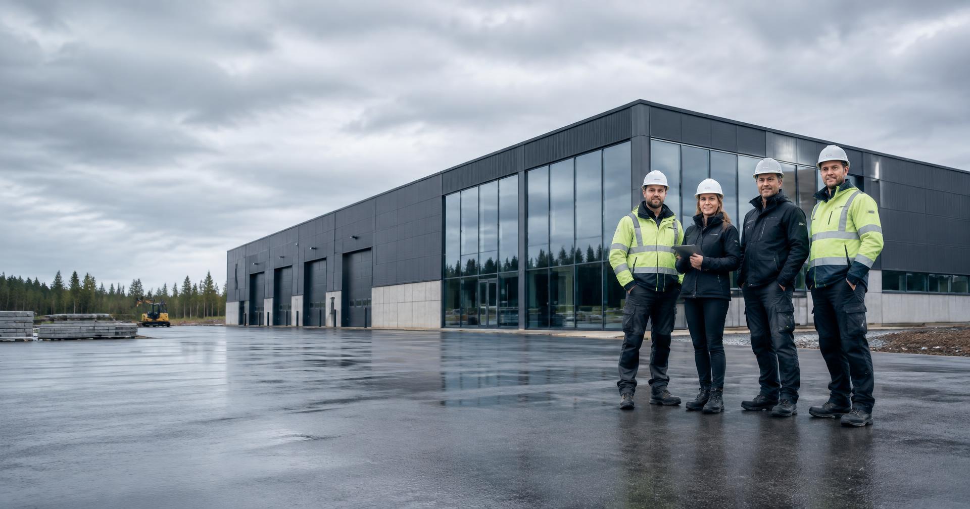 Ehitusmeeskond valminud hoone ees